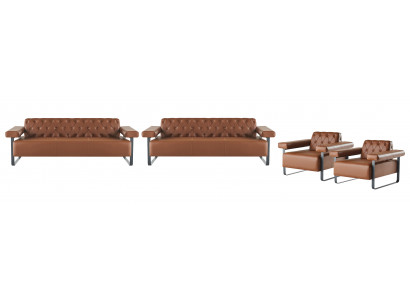 3-seater sofa set, 2x armchairs, stainless steel, Chesterfield design, brown