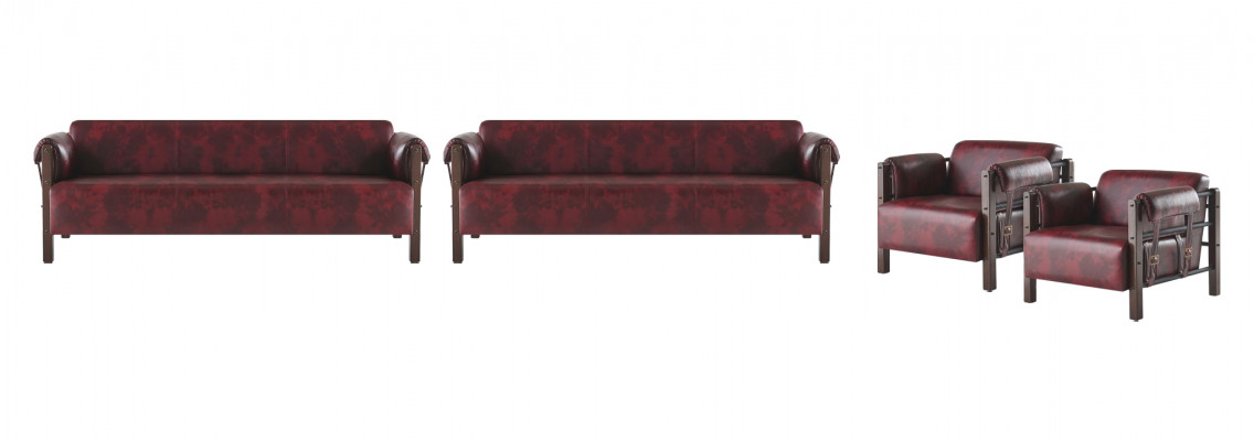 Leather sofas wood 3-seater armchair Bordeaux modern leather couch vintage 4-piece set.