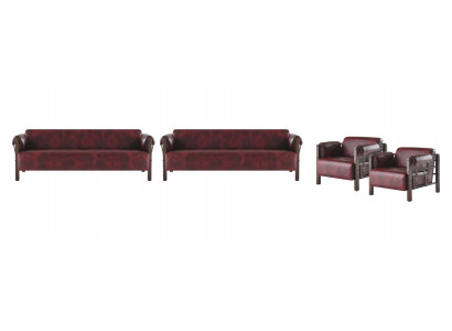 Leather sofas wood 3-seater armchair Bordeaux modern leather couch vintage 4-piece set.
