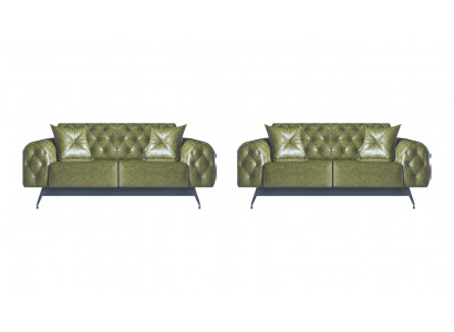 Sofa set 2-seater leather sofas green Chesterfield classic cushion upholstery