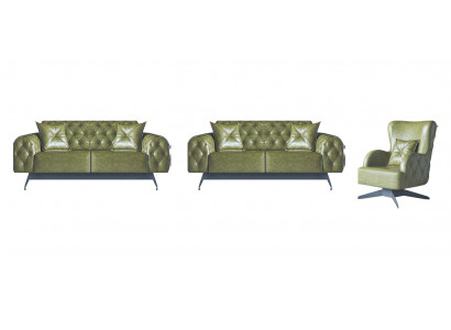 Chesterfield Sofa Set 3-Seater 2-Seater Leather Wood Armchair Green Classic