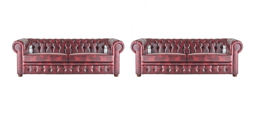Chesterfield 3-Seater Bordeaux Couch Sofas Classic Leather Sofas Wood 2-piece