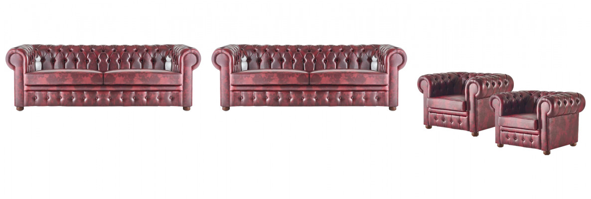 Leather sofa set 3-seater armchair Bordeaux Chesterfield upholstered sofa leather 4-piece