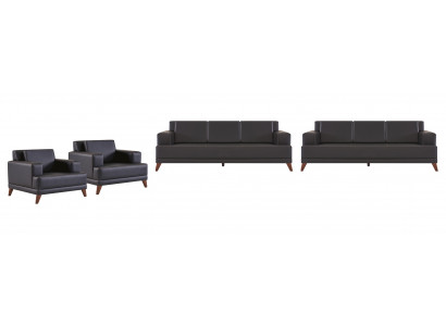 Leather sofa complete set 3-seater armchair black upholstery cushions modern