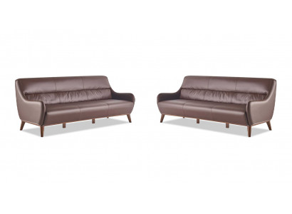 Leather Sofa Set Wood 3-Seater Leather Sofas Sofas Brown Classic Couch