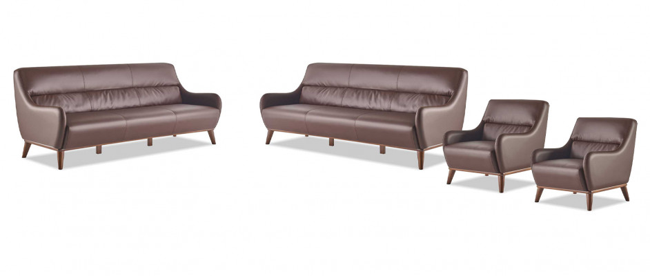 Leather sofas complete set: 3-seater, 2 armchairs, classic brown leather wood couch