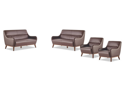 Seating Furniture Complete Set 2-Seater Armchair Brown Leather Classic Leather Wood