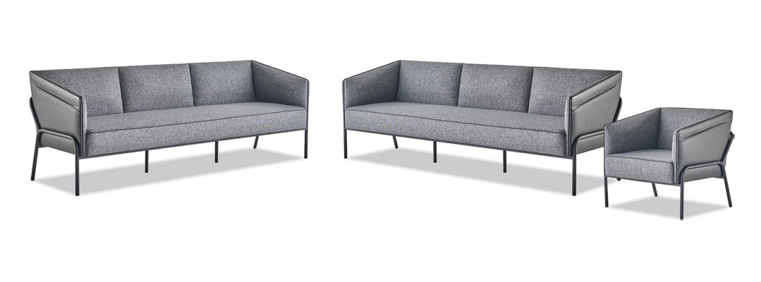 Sofa sets leather gray modern 3-seater 2x armchair textile stainless steel wood
