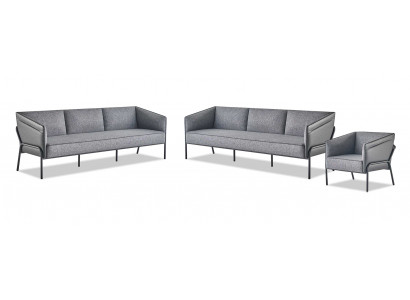Sofa sets leather gray modern 3-seater 2x armchair textile stainless steel wood