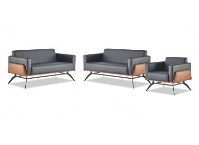 Leather sofa set complete leather wood black brown 2-seater armchair modern