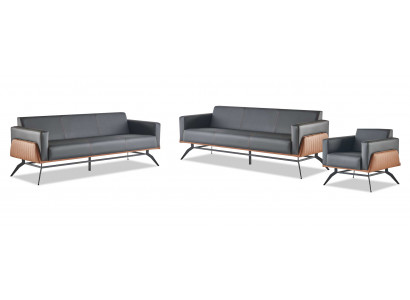 Sofa set seating furniture black brown 3-seater armchair leather sofas stainless steel wood