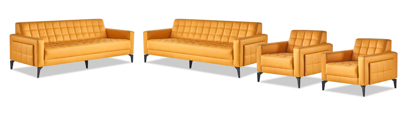 Leather sofas set 3-seater armchair modern Chesterfield couch yellow 4-piece.
