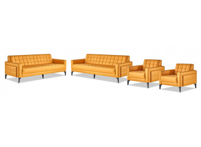 Leather sofas set 3-seater armchair modern Chesterfield couch yellow 4-piece.