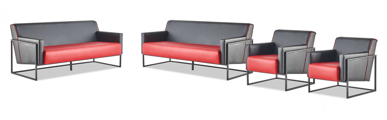 Sofa Set 3-Seater Armchair Black Red Leather Sofas Leather Stainless Steel Wood