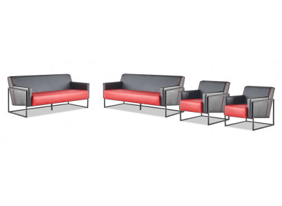 Sofa Set 3-Seater Armchair Black Red Leather Sofas Leather Stainless Steel Wood