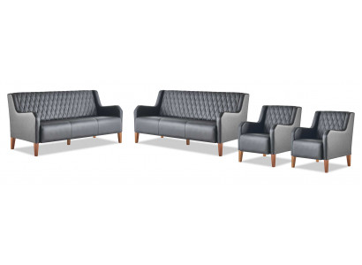 Leather sofas upholstered set 3-seater armchair black leather wood modern
