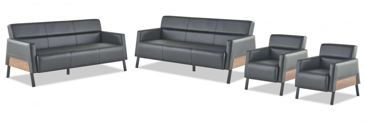 Sofa set 3-seater 2x armchair black leather sofas modern leather wood soft