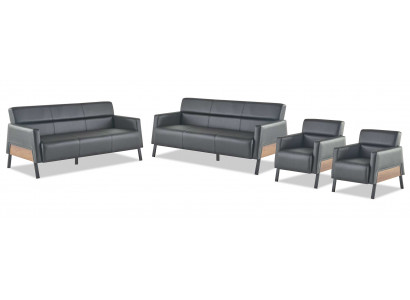 Sofa set 3-seater 2x armchair black leather sofas modern leather wood soft