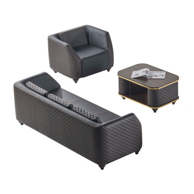 Sofa set 3-seater armchair coffee table black brown leather upholstery wood