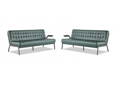 Leather sofas set 3-seater green seating furniture modern Chesterfield stainless steel