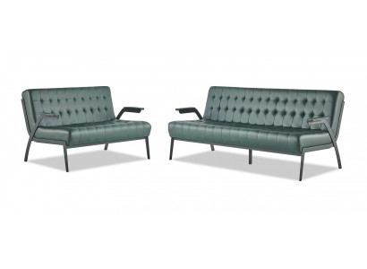 Chesterfield Leather Set 3-Seater 2-Seater Green Leather Sofas Modern Wood