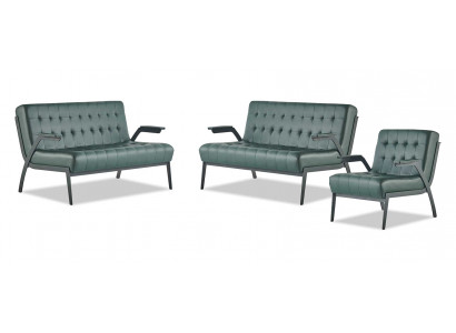 Sofa set 2-seater armchair green stainless steel modern leather chesterfield wood
