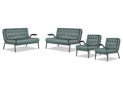 Sofa set green solid color modern stainless steel style Chesterfield leather wood