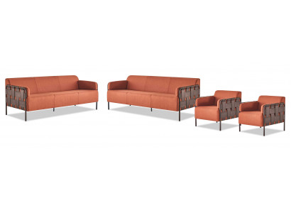 Complete sofa set: 3-seater, 2x armchairs, orange couch, leather, fabric, stainless steel.