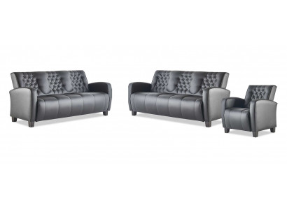 Leather Sofa Set 3-Seater Armchair Black Modern Couch Leather Wood Chesterfield
