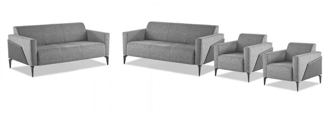 Seating Furniture Complete Modern Set 3-Seater Armchair Gray Textile Stainless Steel Leather