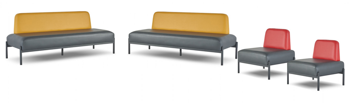 Complete leather sofas, 3-seater armchair, black Art Deco stainless steel, red, yellow
