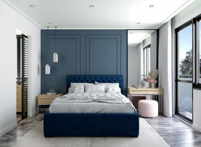 Bed Blue Modern Design Fabric Upholstered Bedroom Double Bed Wood Elegant New