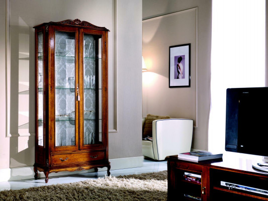 Designer luxury wooden display cabinet brown 2 glass doors 1 drawer Italian furniture