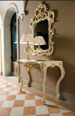 Classic Mirror Vanity Table Console Table Gold Wood Bedroom Furniture 2-piece