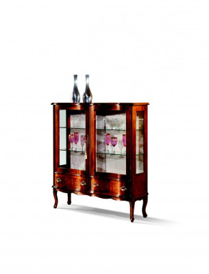 Designer luxury wood display cabinet, brown, 2 glass doors, 2 drawers, Italian furniture