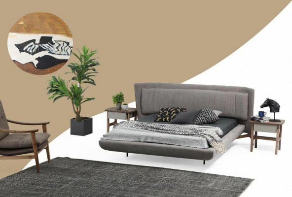 Bedroom suite double bed bed nightstands gray set 3-piece fabric