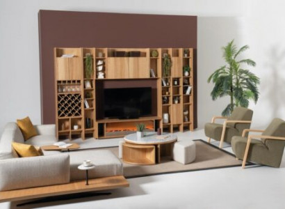 Wall unit with electric fireplace, wall units, corner sofa, armchair, complete set, 5-piece set
