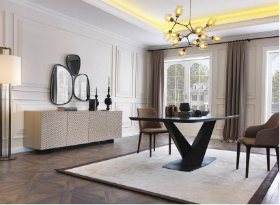Dining table, table, 4x chairs, sideboard, mirror, 7-piece design set ensemble