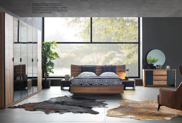 Bedroom bed 2x nightstand wardrobe furniture wood modern set
