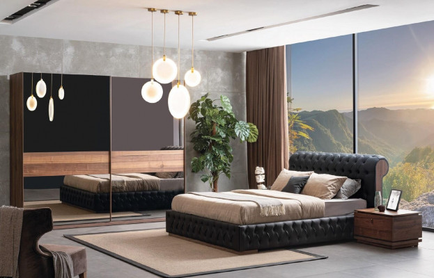 Bed wardrobe 2x nightstand luxury bedroom upholstery design new