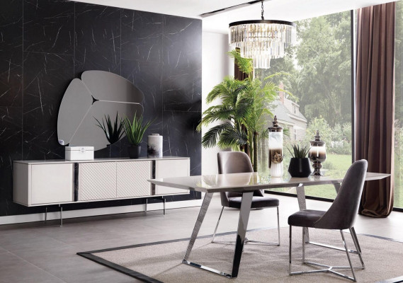 Dining room group set table 4x chairs sideboard mirror 7-piece. Gray dining ensemble