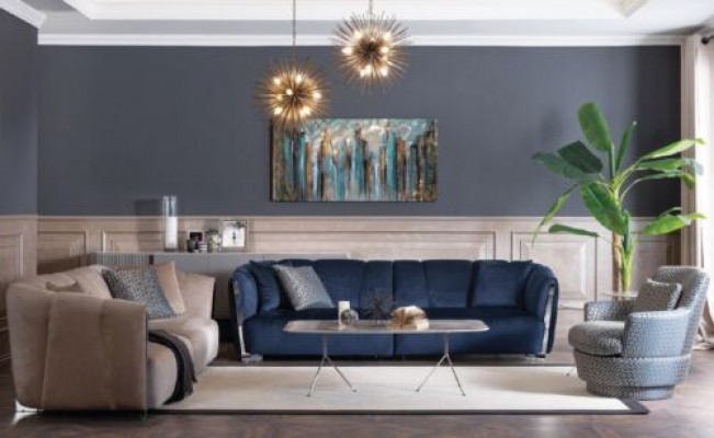 Living room sofa couch designer textile seat upholstery design blue