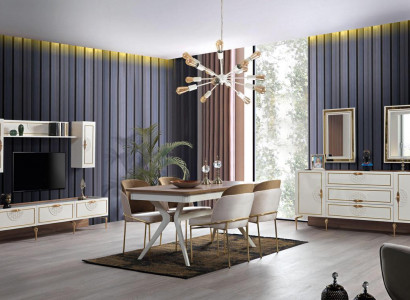Dining room set: table, 4 chairs, sideboard, 2 mirrors, wall unit, 11 pieces.
