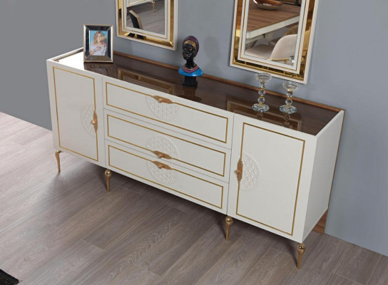 Dining room set: table, 4 chairs, sideboard, 2 mirrors, wall unit, 11 pieces.