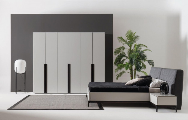 Bed, 2x nightstands, wardrobe, luxury wood bedroom, hotel furniture, 4-piece set.