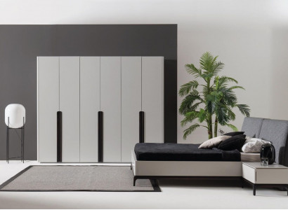 Bed, 2x nightstands, wardrobe, luxury wood bedroom, hotel furniture, 4-piece set.