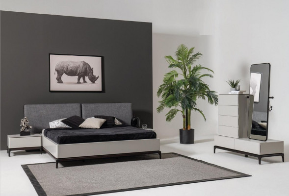Bed, 2x nightstands, wardrobe, luxury wood bedroom, hotel furniture, 4-piece set.