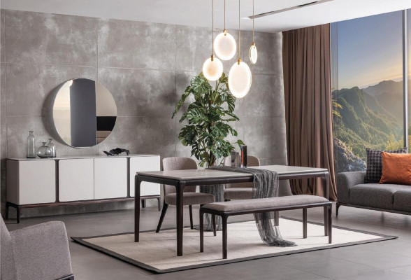 Dining room set: table, 2 chairs, sideboard, mirror, bench, 6-piece dining group new