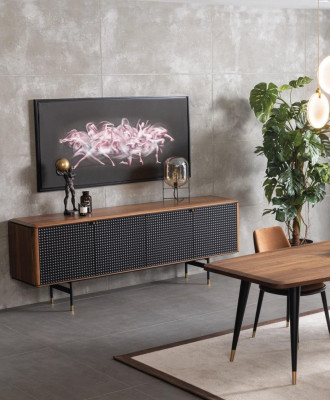 Dining group set with dining table, 4x chairs, sideboard furniture, dining room.