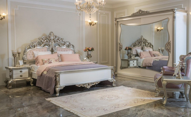 Bedroom set luxury bed 2x nightstand wardrobe chair 6-piece set.